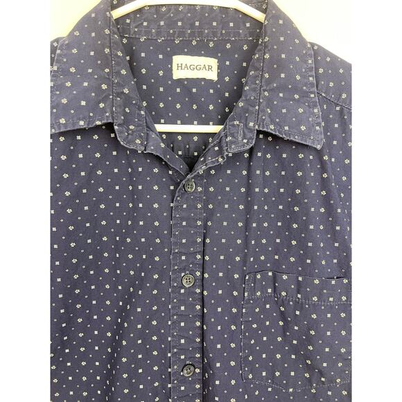 Haggar Navy Blue with White Floral Stamp Button Down Casual Shirt - Picture 4 of 6